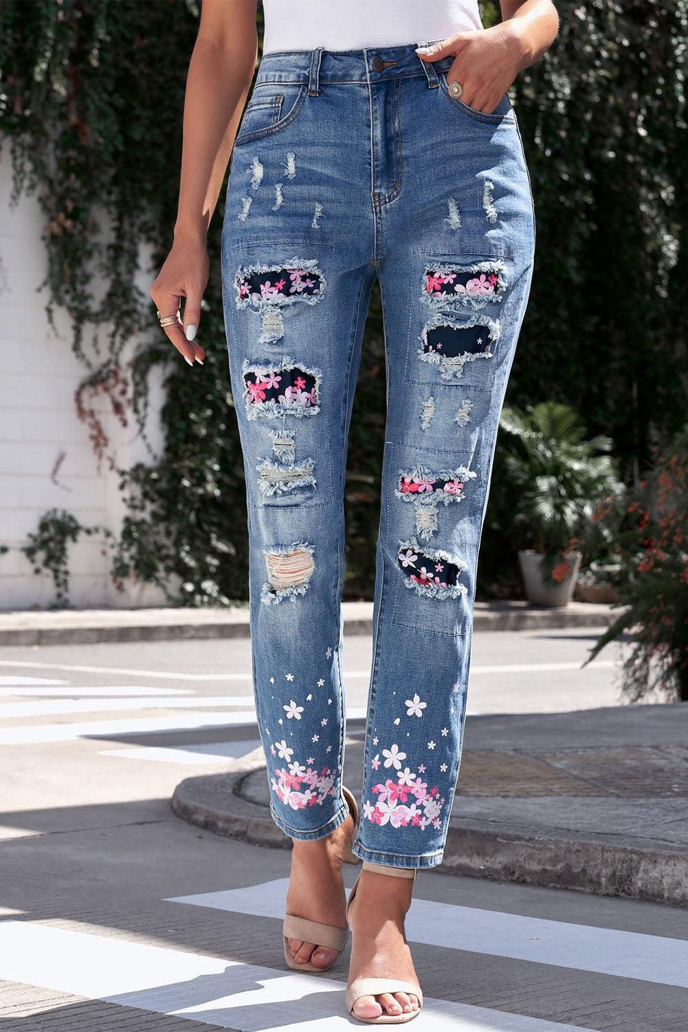 Baeful Printed Patch Distressed Boyfriend Jeans Carauana Store