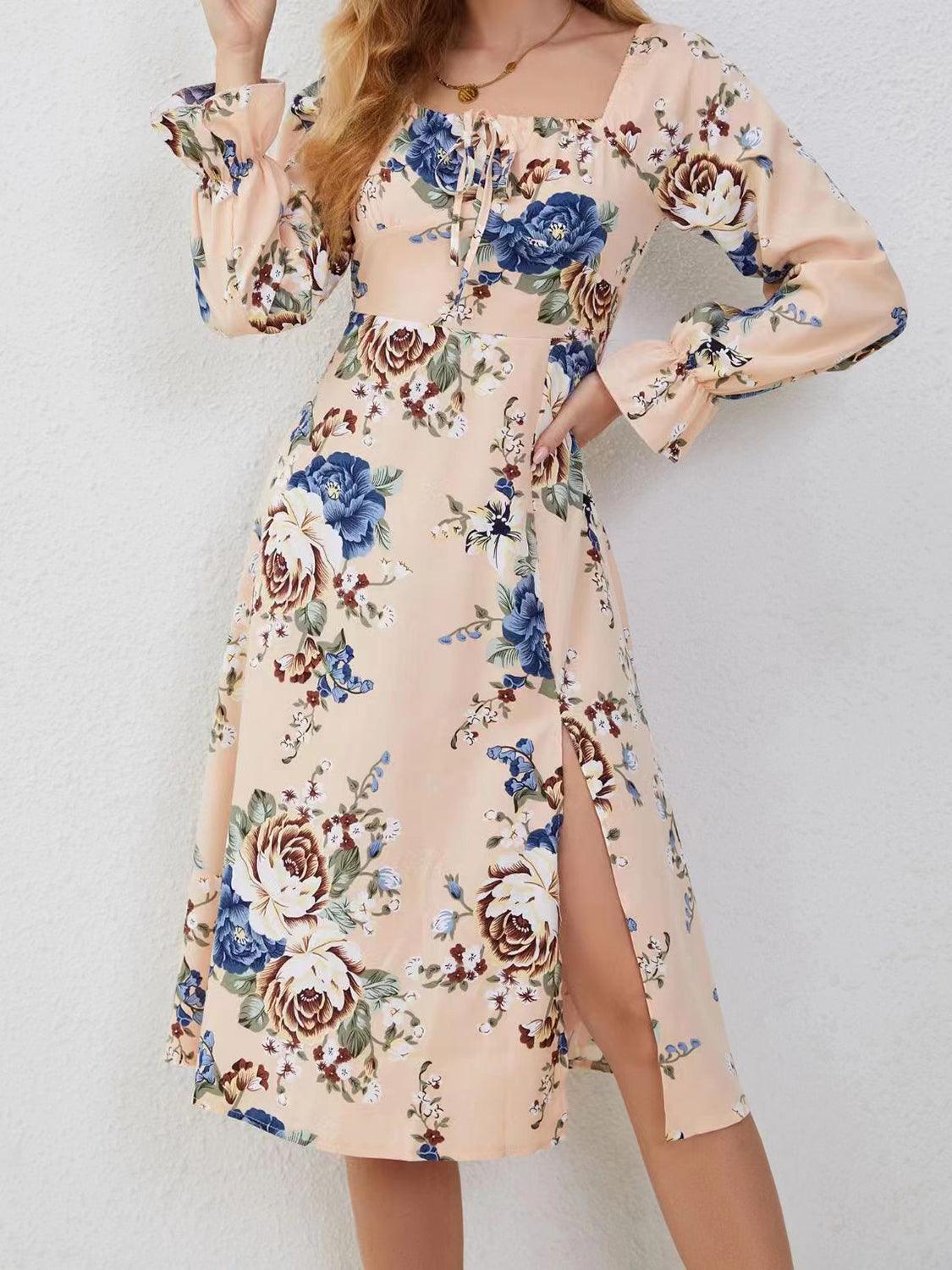 Slit Printed Square Neck Flounce Sleeve Dress Carauana Store