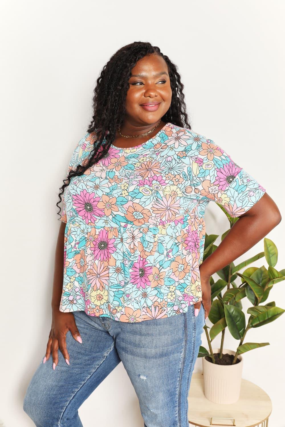 Double Take Floral Round Neck Babydoll Top Carauana Store