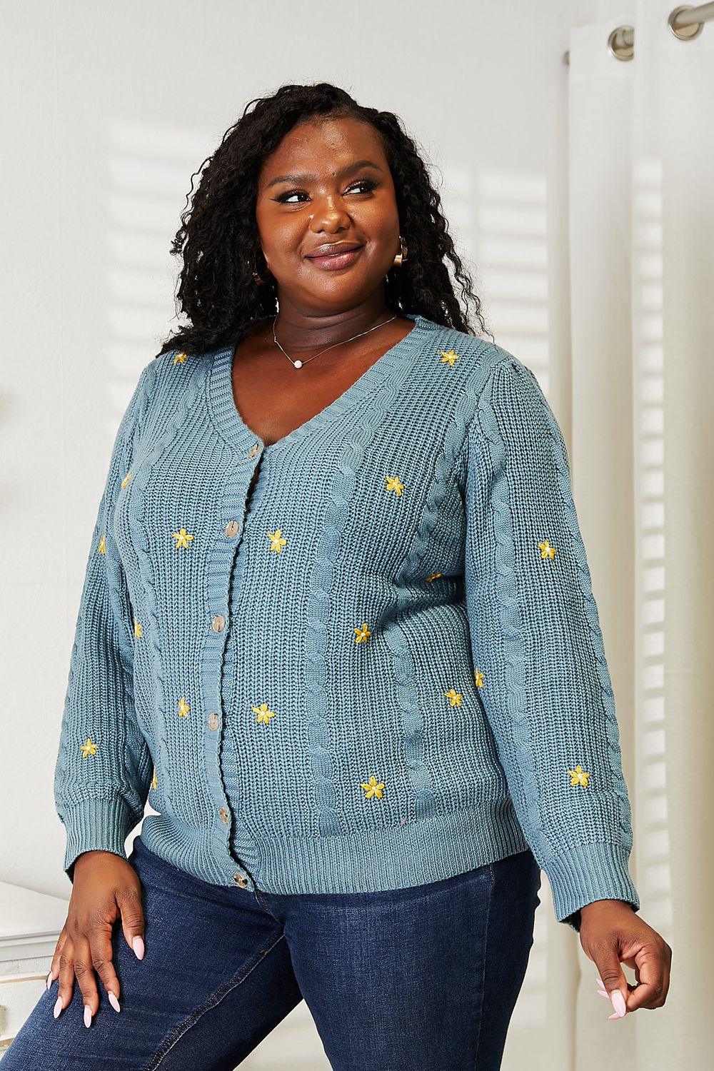 HEYSON Full Size Floral Embroidered Cable Cardigan Carauana Store
