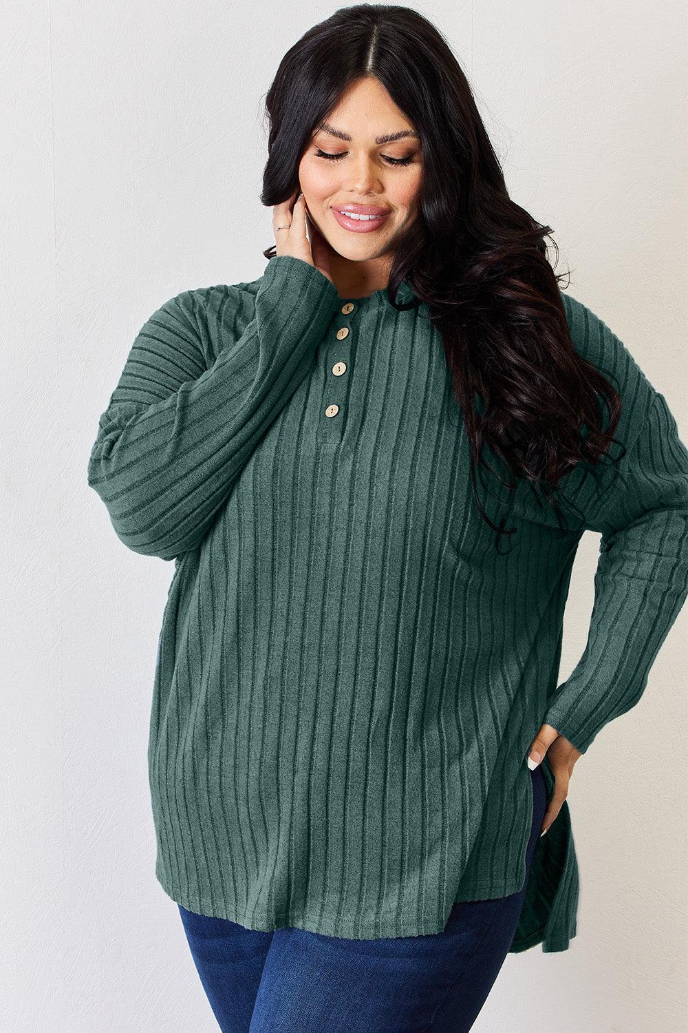 Basic Bae Full Size Ribbed Half Button Long Sleeve High-Low T-Shirt Carauana Store