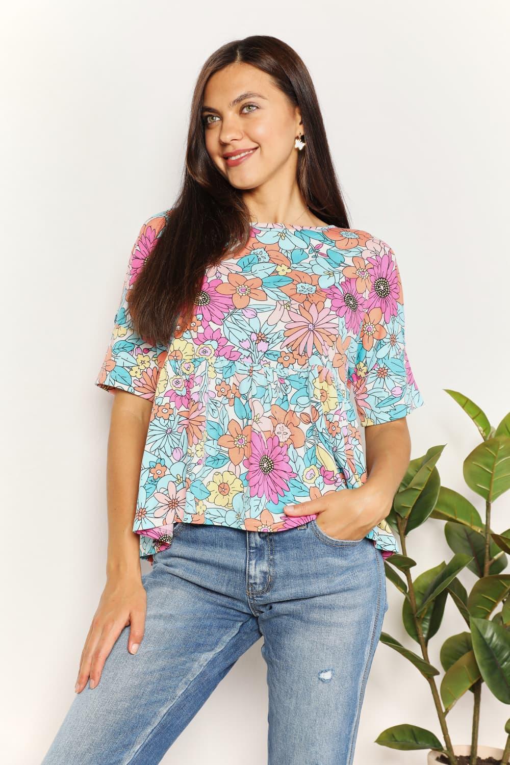 Double Take Floral Round Neck Babydoll Top Carauana Store