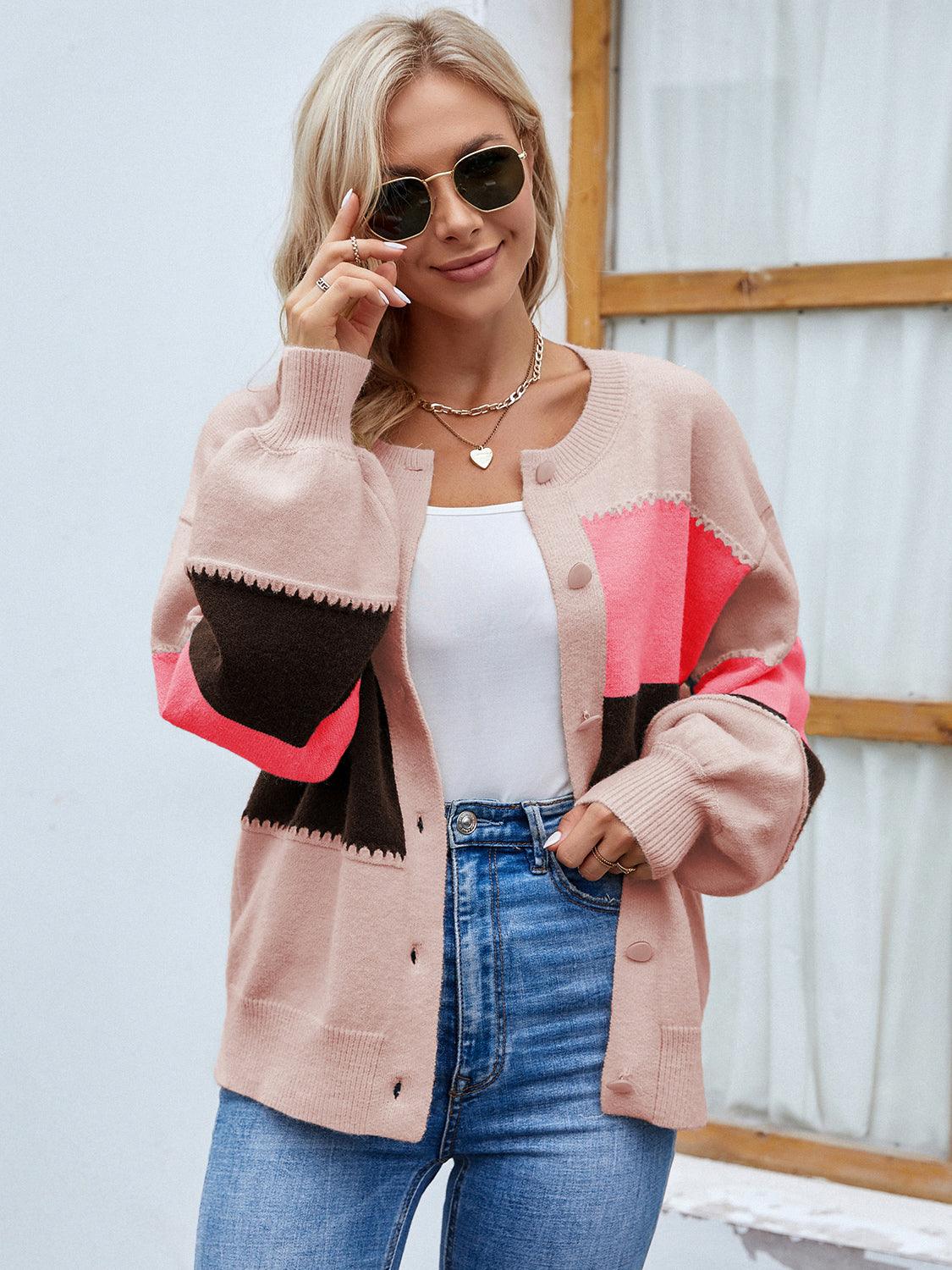 Color Block Button Up Lantern Sleeve Cardigan Carauana Store