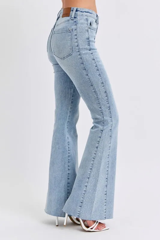Judy Blue Full Size Mid Rise Rhinestone Side Panel Detail Flare Jeans Plus Size Carauana Store
