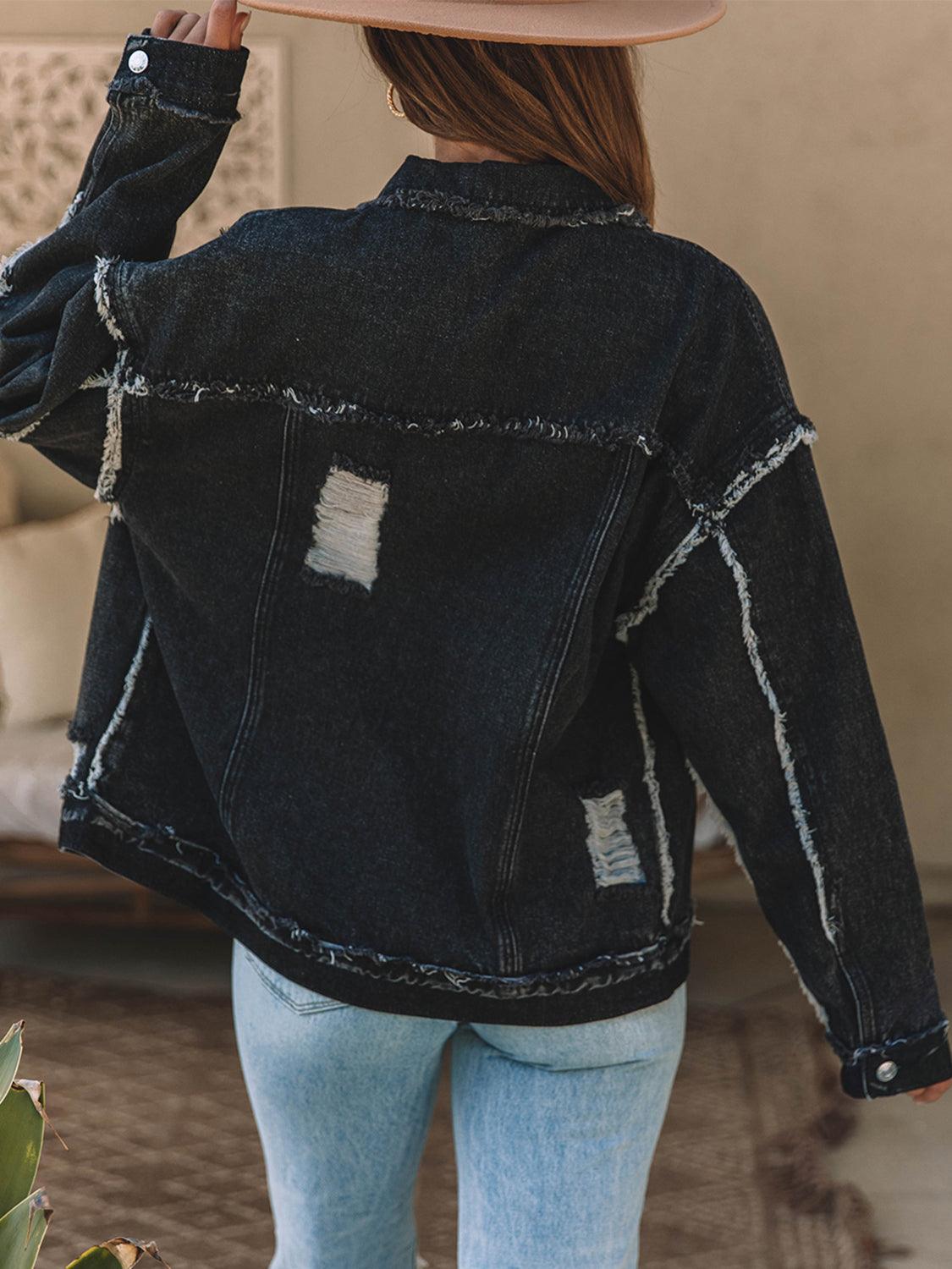 Button Up Raw Hem Distressed Denim Jacket Carauana Store