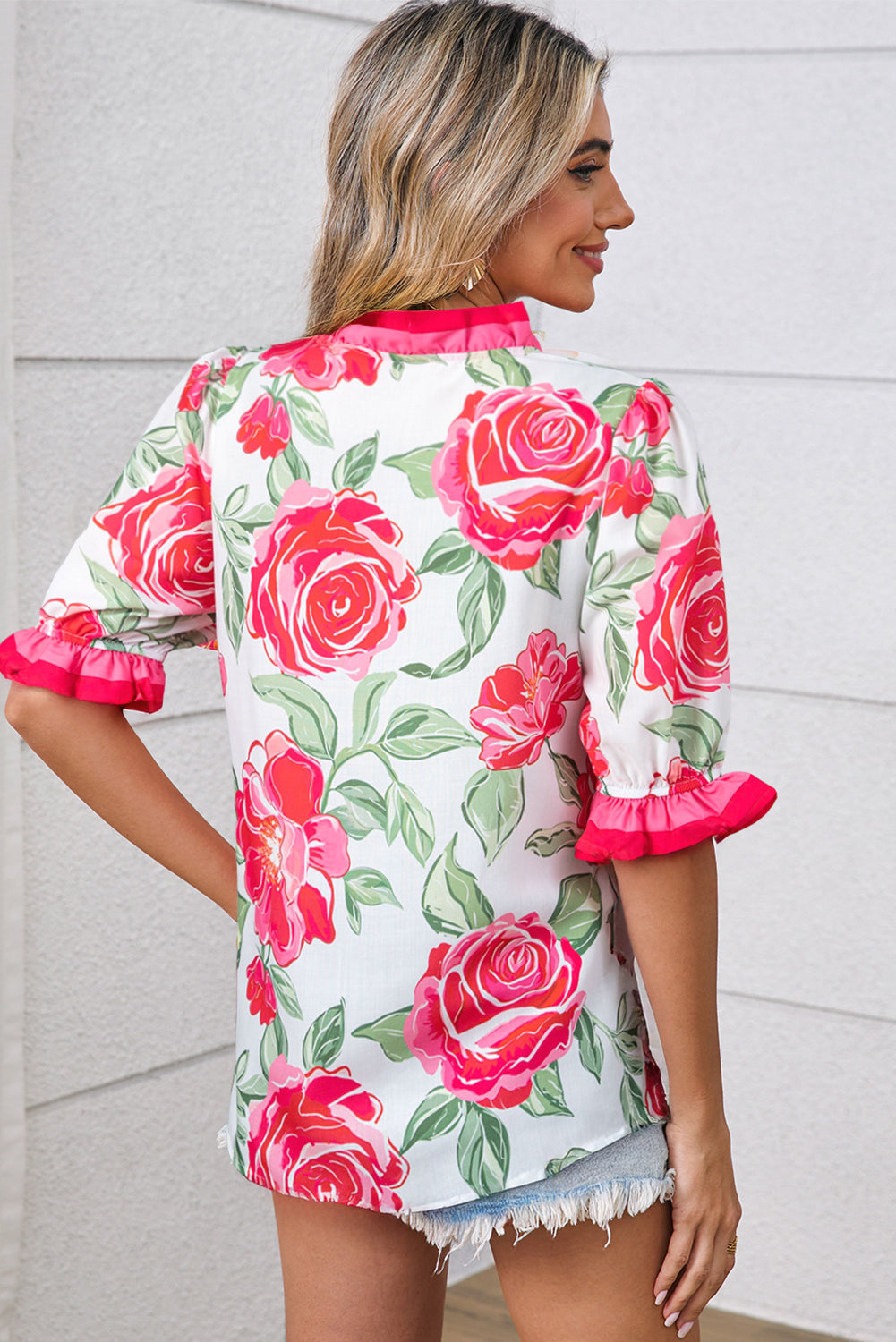 Rose Floral Frilled V Neck Short Sleeve Blouse Top