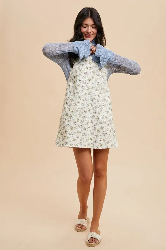 Annie Wear Stretch Ditsy Print Denim Overall Mini Dress Carauana Store