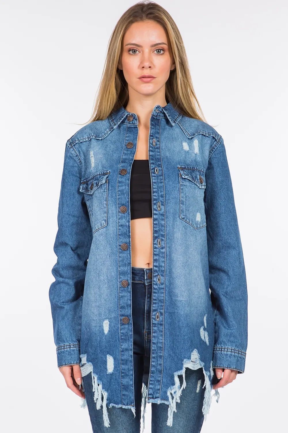American Bazi Distressed Frayed Hem Denim Jacket Carauana Store