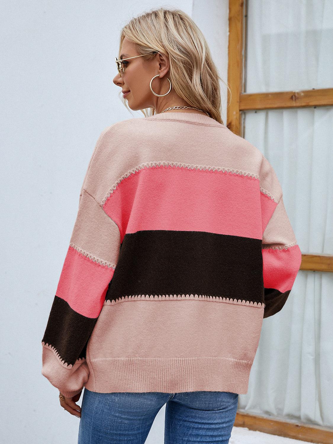 Color Block Button Up Lantern Sleeve Cardigan Carauana Store