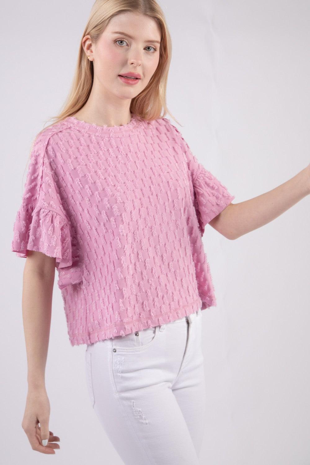 VERY J Full Size Texture Ruffle Short Sleeve Top Carauana Store