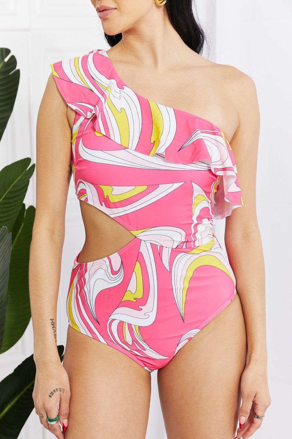 Marina West Swim Vitamin C Asymmetric Cutout Ruffle Swimsuit in Pink Carauana Store