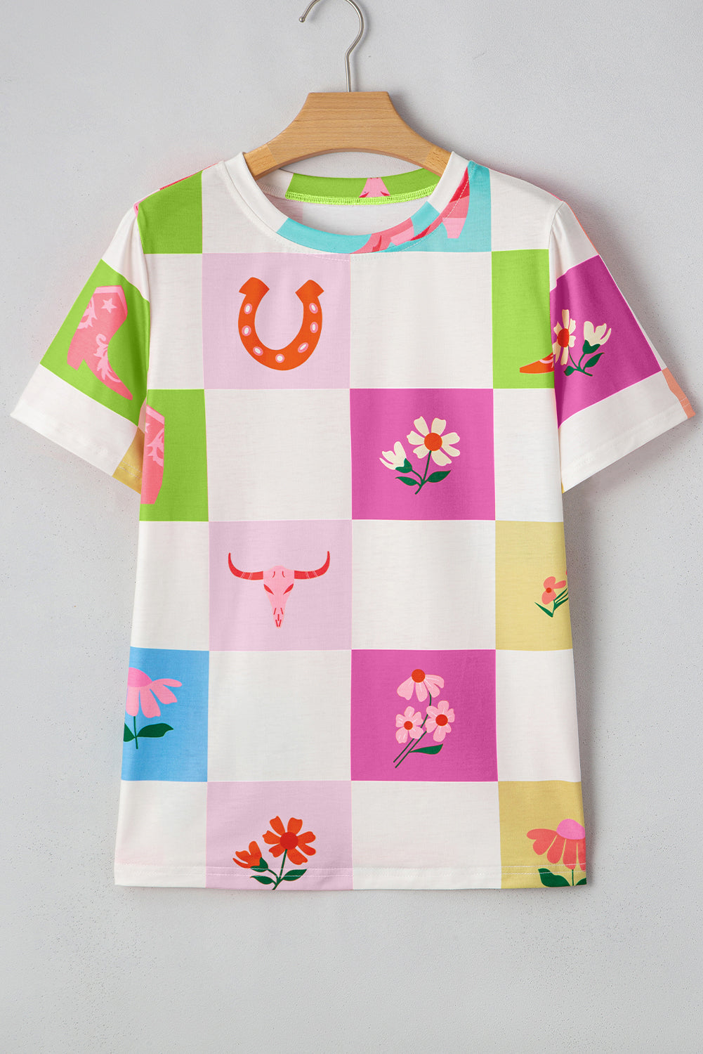 Purple Western Fashion Checker Print Crewneck T Shirt