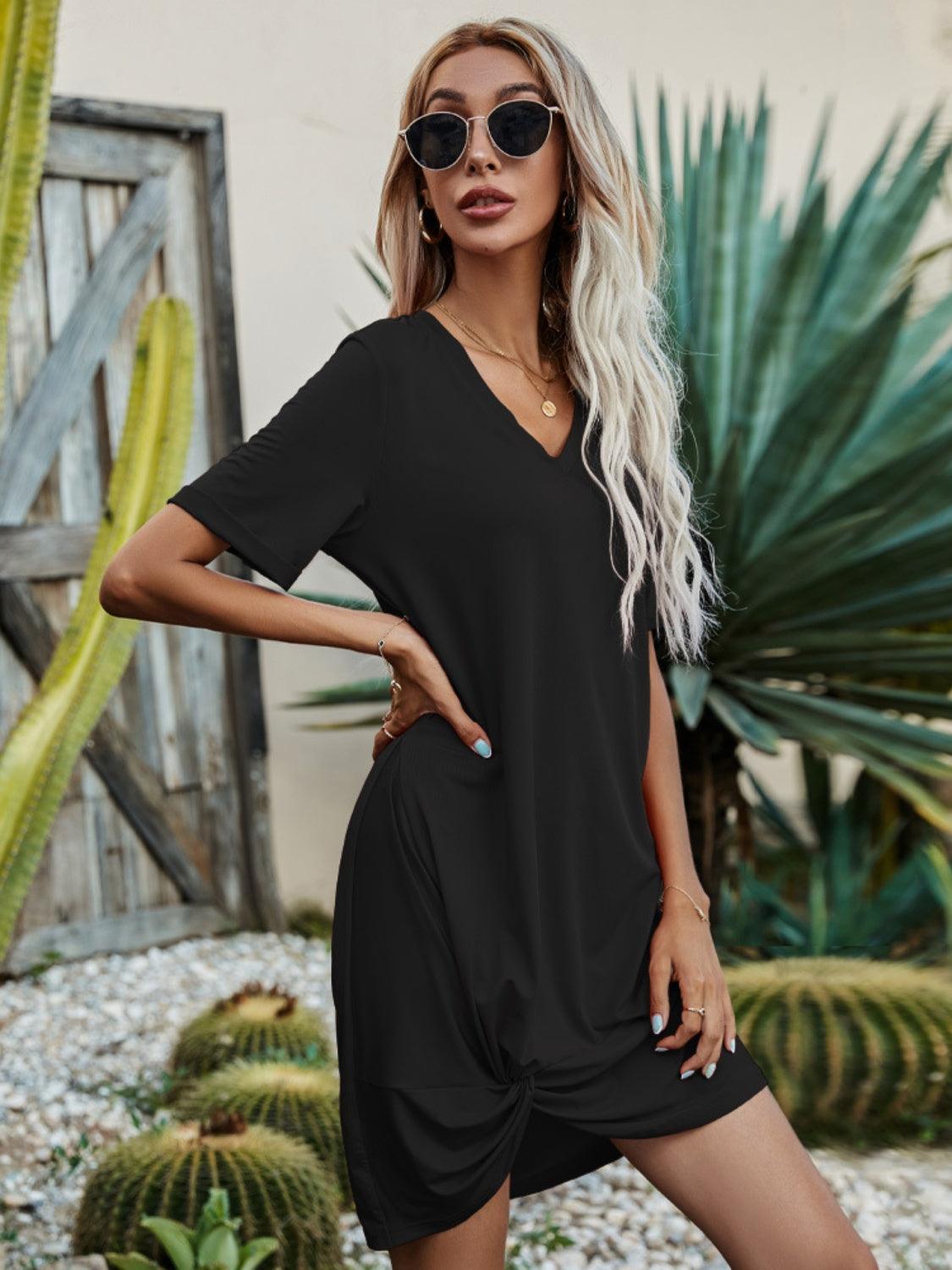 V-Neck Short Sleeve Mini Dress Carauana Store