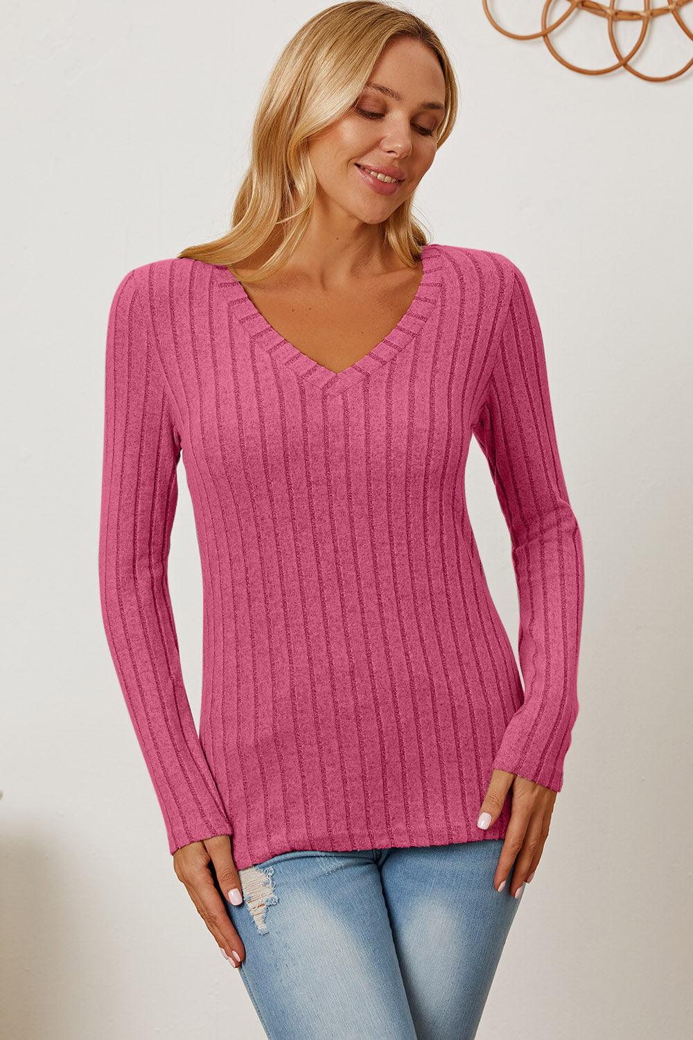 Basic Bae Full Size Ribbed V-Neck Long Sleeve T-Shirt Carauana Store