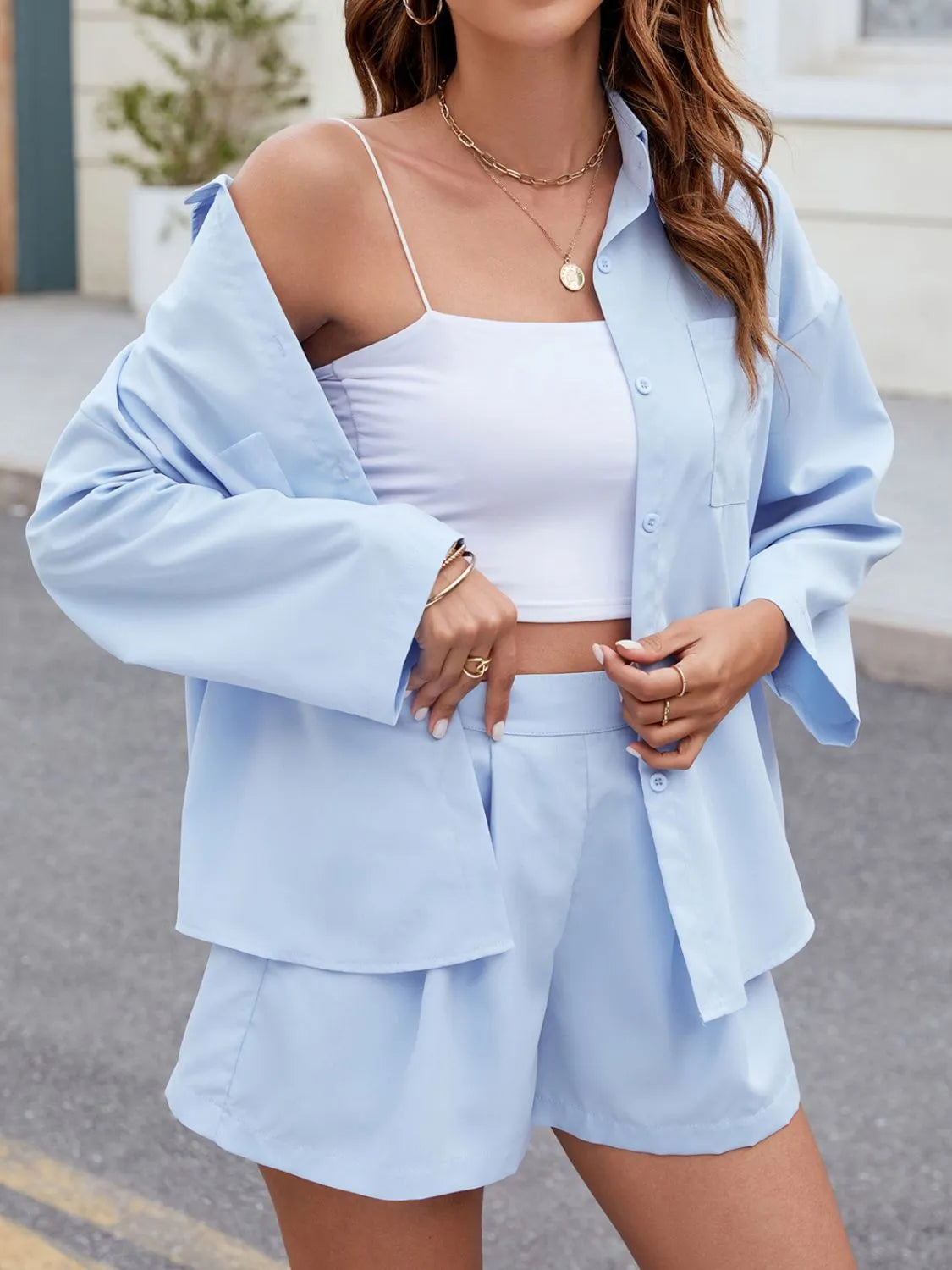 Button Up Long Sleeve Top and Shorts Set Carauana Store