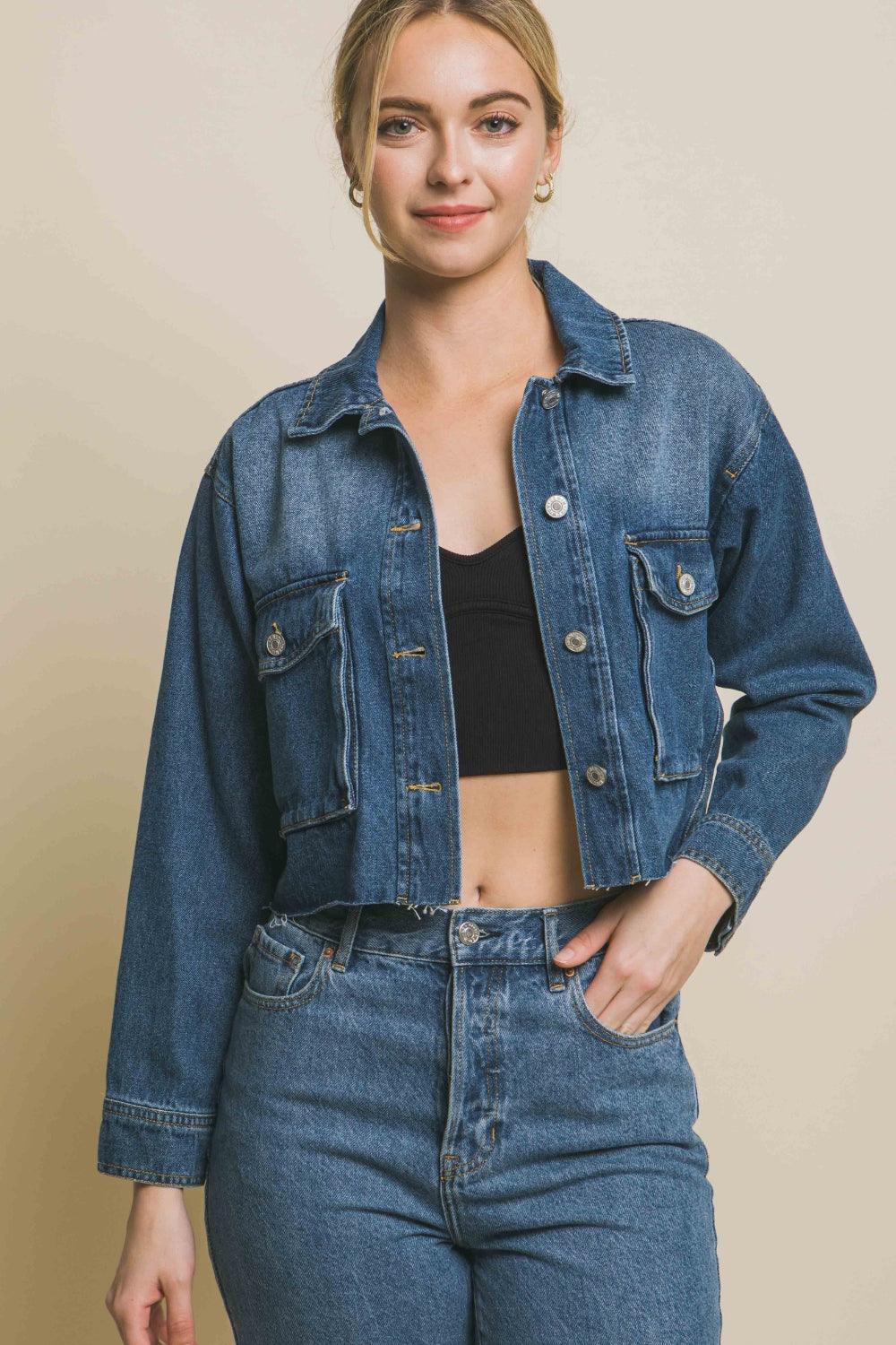 LOVE TREE Raw Hem Button Up Cropped Denim Jacket Carauana Store