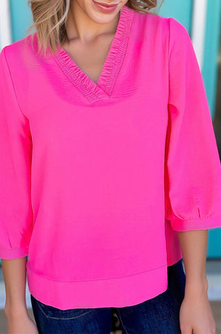 Bright Pink Frilled V Neckline Bracelet Sleeve Crinkled Blouse