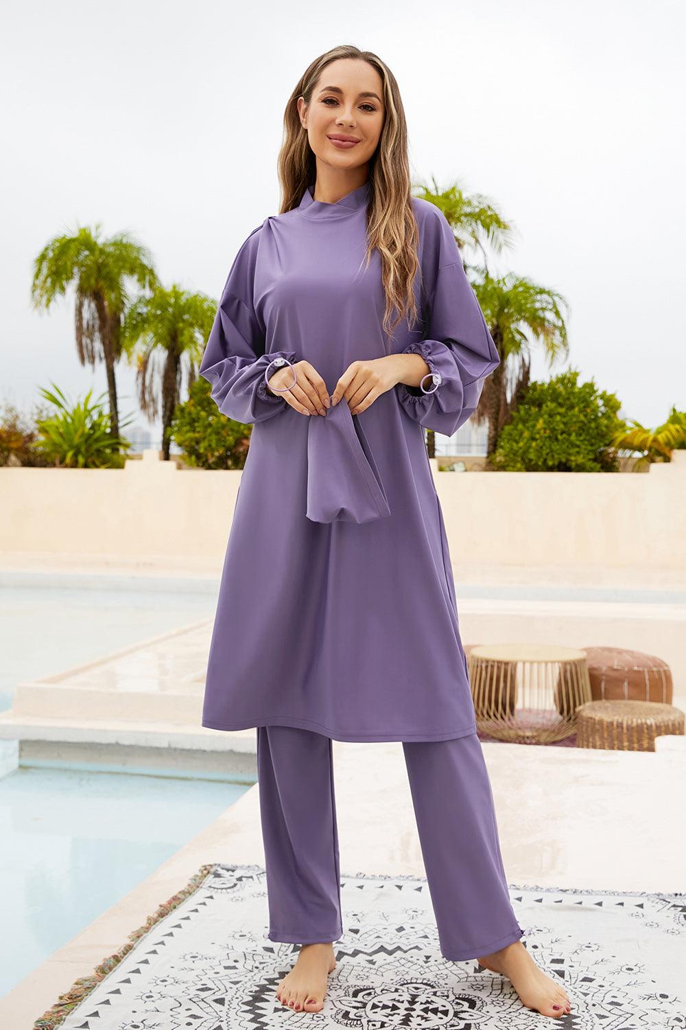 Cap, Drawstring Mock Neck Long Sleeve Top and Pants Swim Set Carauana Store