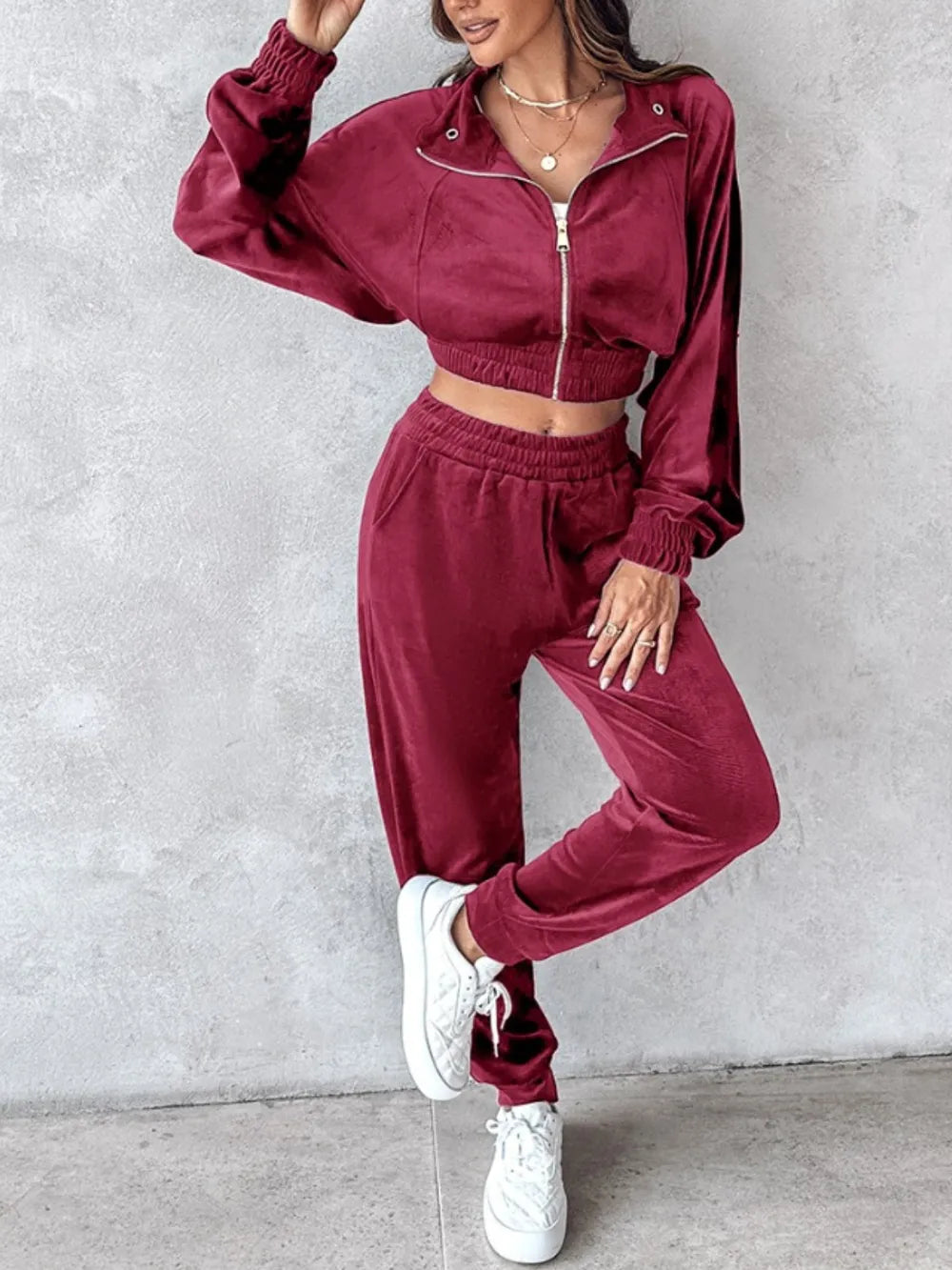 Zip Up Long Sleeve Cropped Top and Joggers Set Carauana Store