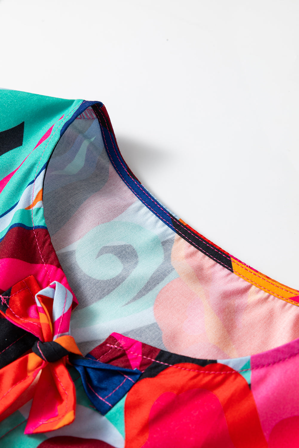 Red Abstract Floral Print Front Tied Puff Sleeve Babydoll Blouse