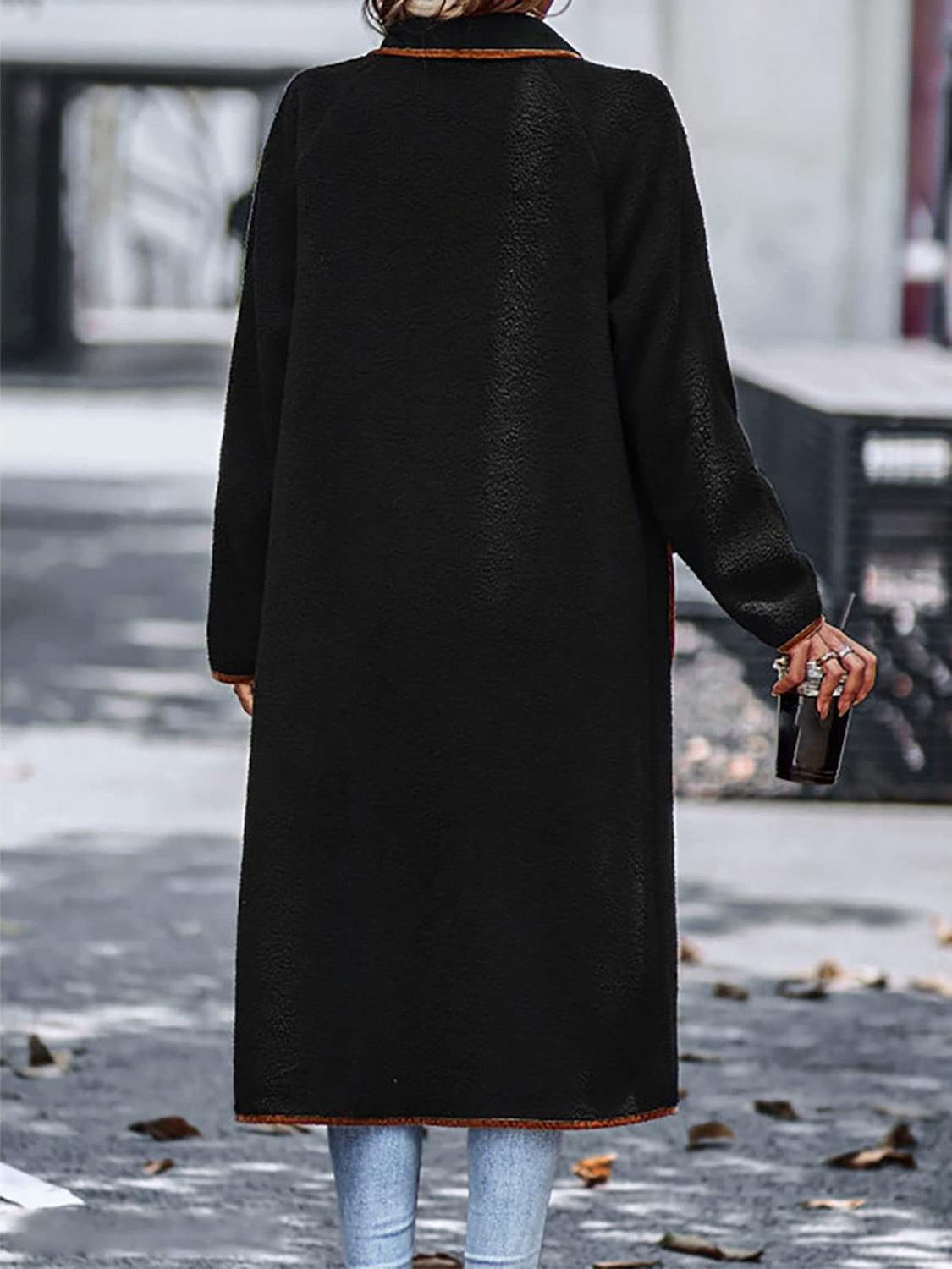 Full Size Contrast Trim Long Sleeve Coat with Pockets Carauana Store