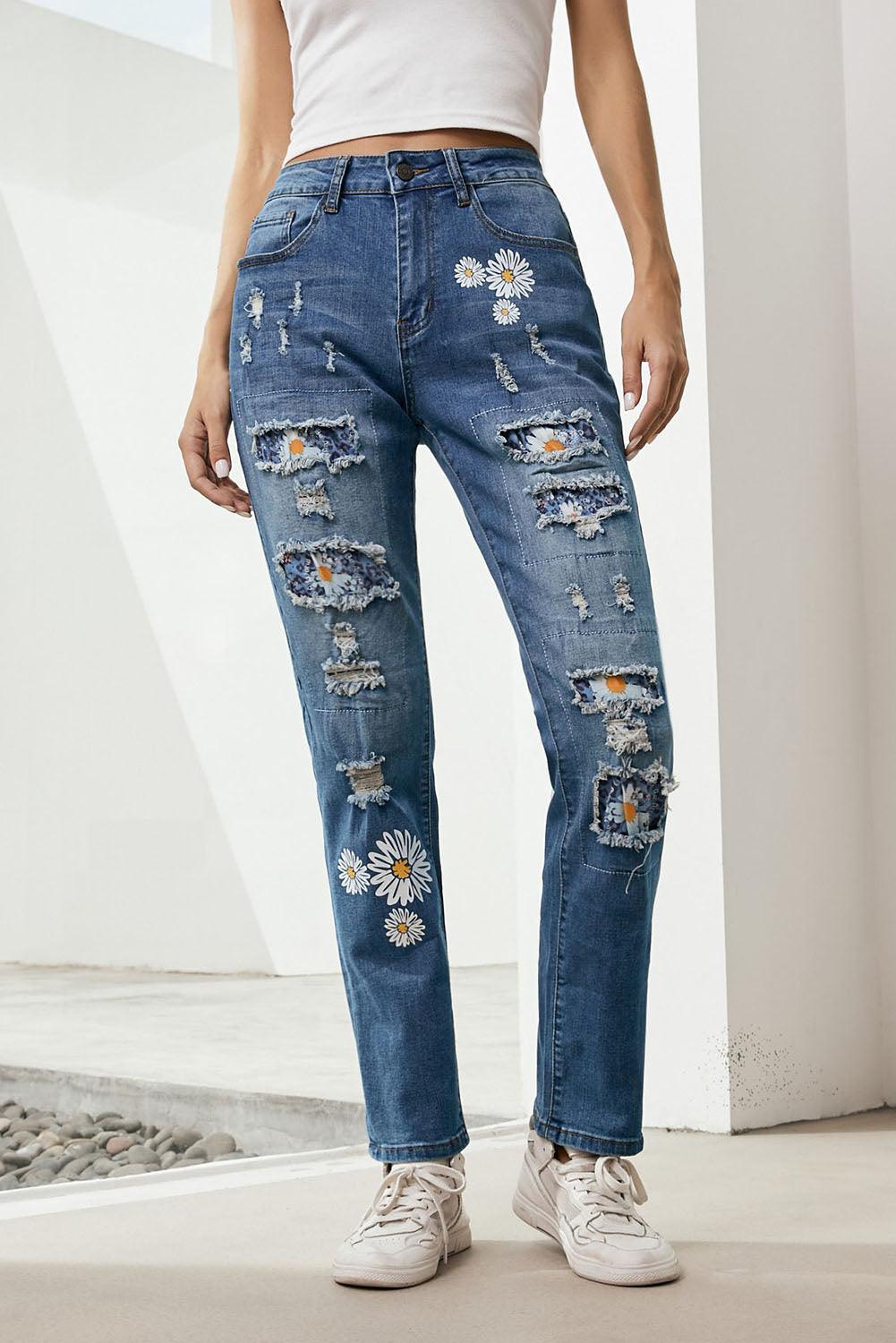Baeful Printed Patch Distressed Boyfriend Jeans Carauana Store