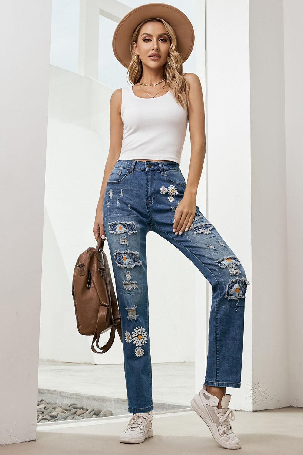 Baeful Printed Patch Distressed Boyfriend Jeans Carauana Store