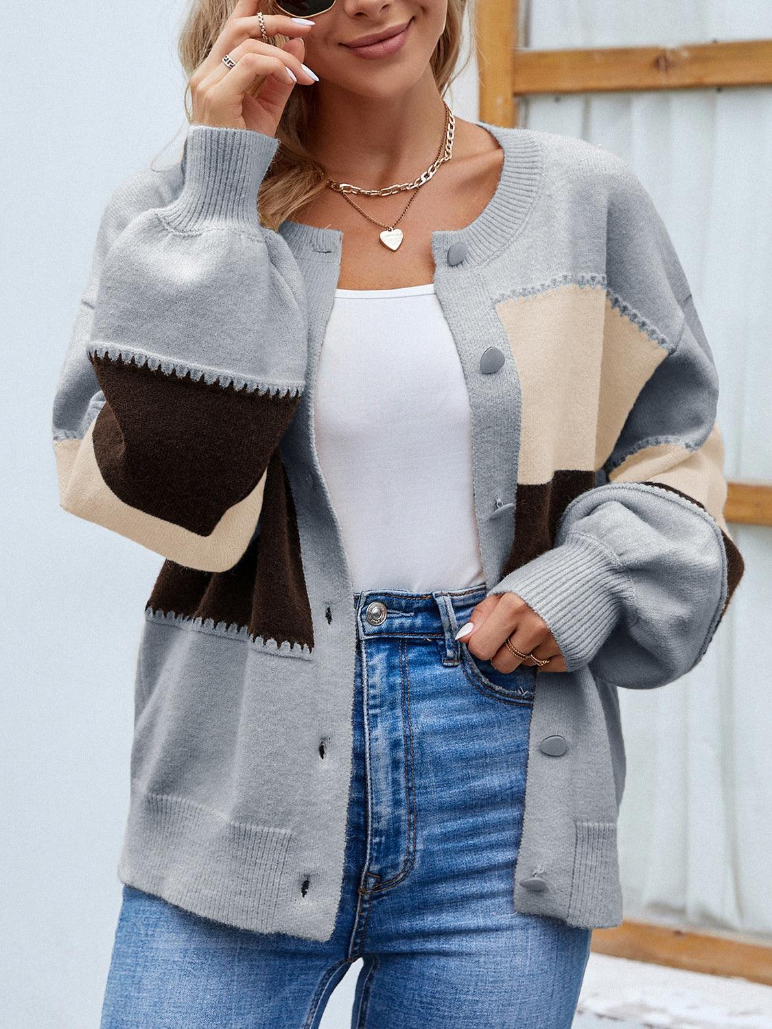 Color Block Button Up Lantern Sleeve Cardigan Carauana Store