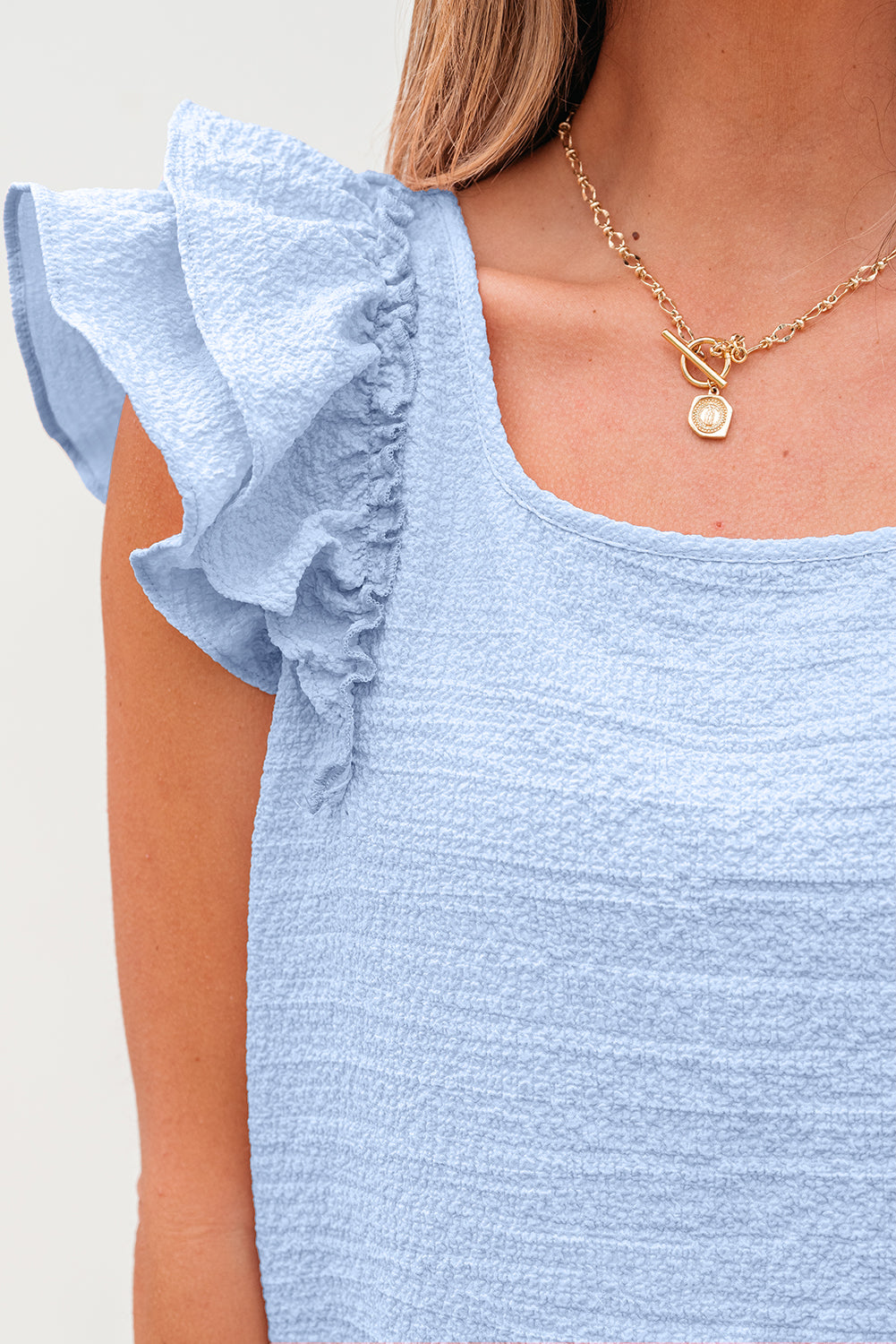 Beau Blue Textured Bow Knot Frilled Butterfly Sleeve Blouse