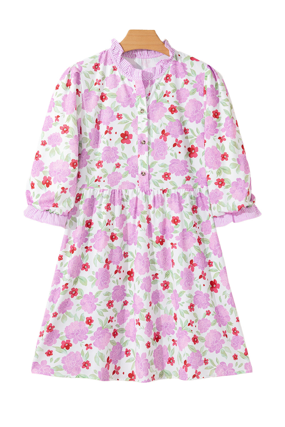 Pink Floral Print Striped Trim Frilled Neck 3/4 Sleeve Flared Mini Dress