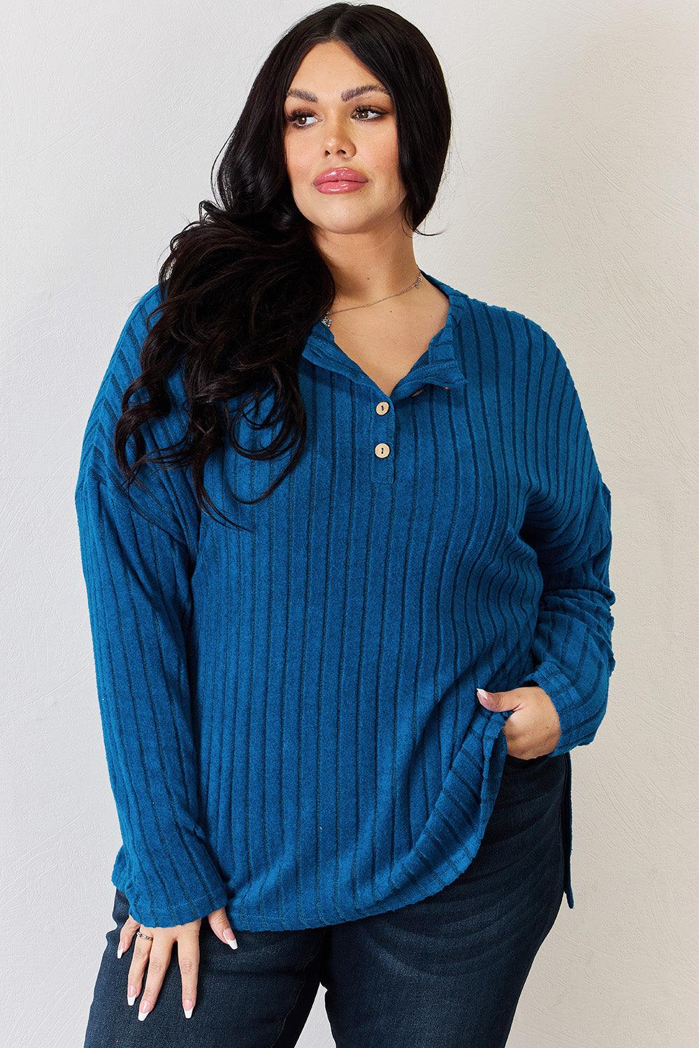 Basic Bae Full Size Ribbed Half Button Long Sleeve High-Low T-Shirt Carauana Store
