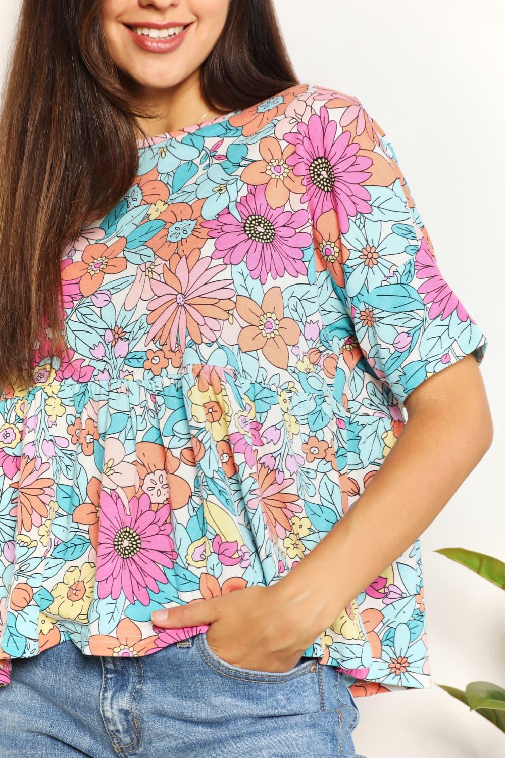 Double Take Floral Round Neck Babydoll Top Carauana Store