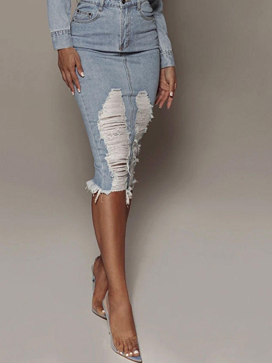 Distressed Slit Denim Skirt Carauana Store