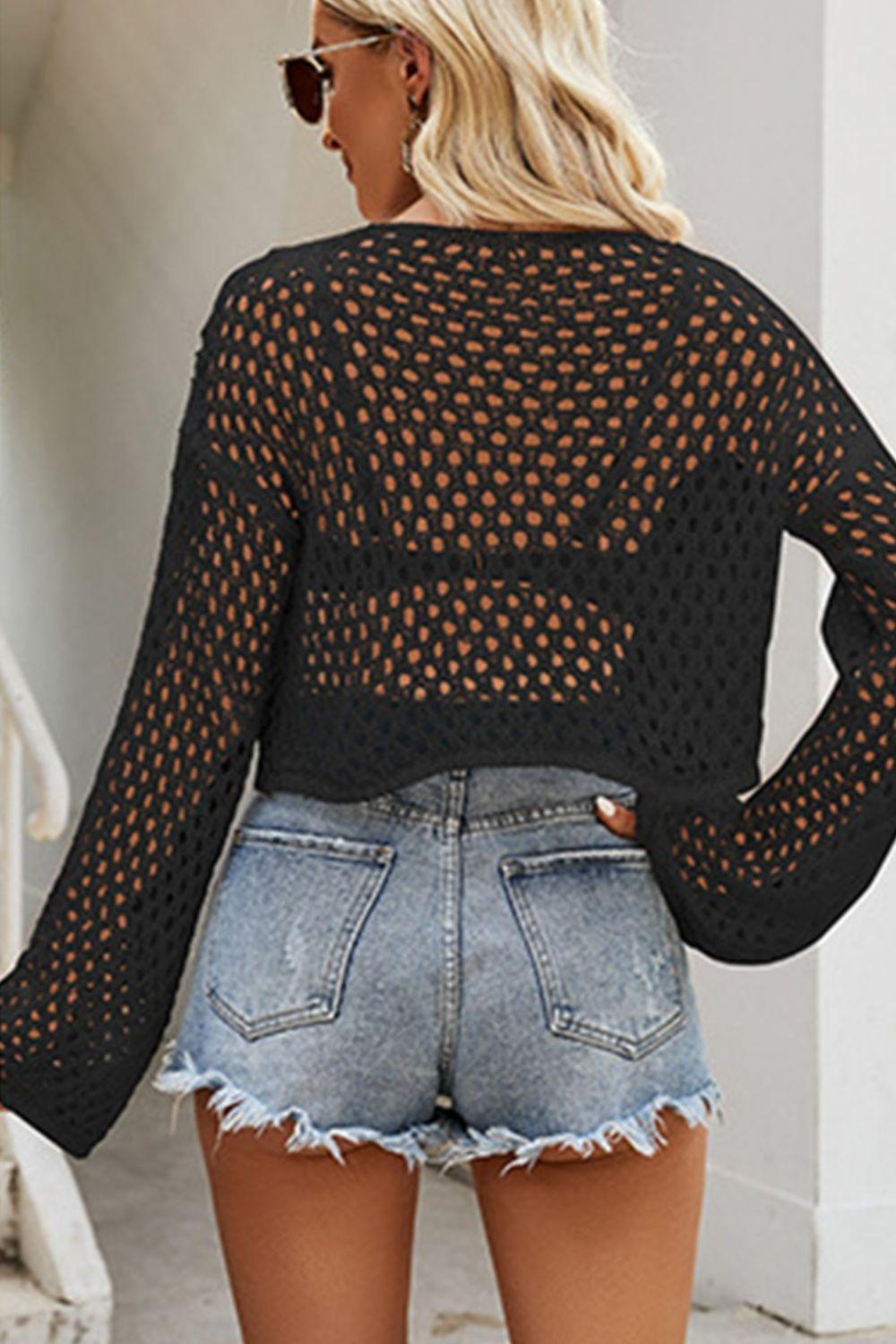 Openwork Round Neck Dropped Shoulder Knit Top Carauana Store