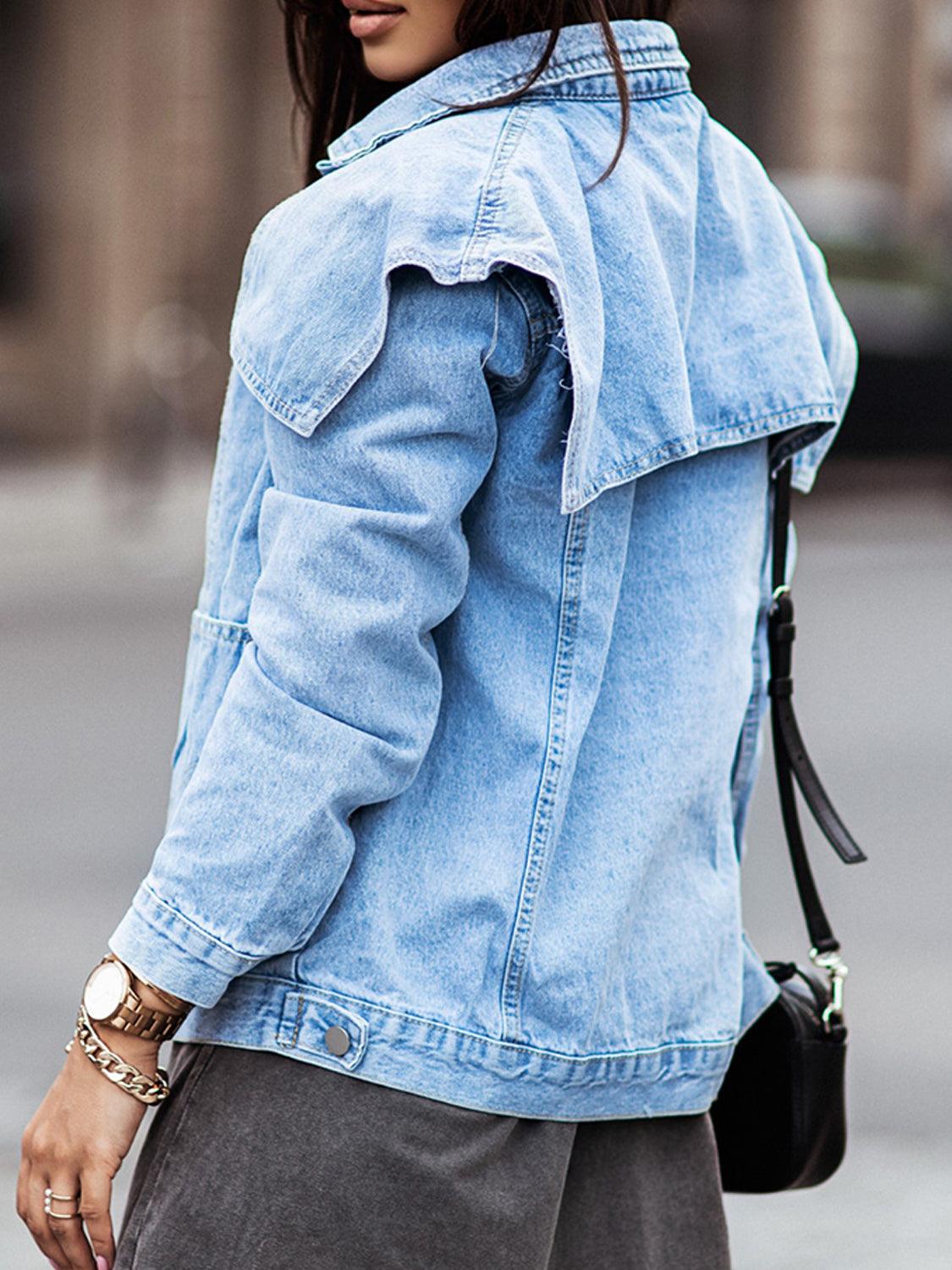 Collared Neck Button Down Denim Jacket Carauana Store