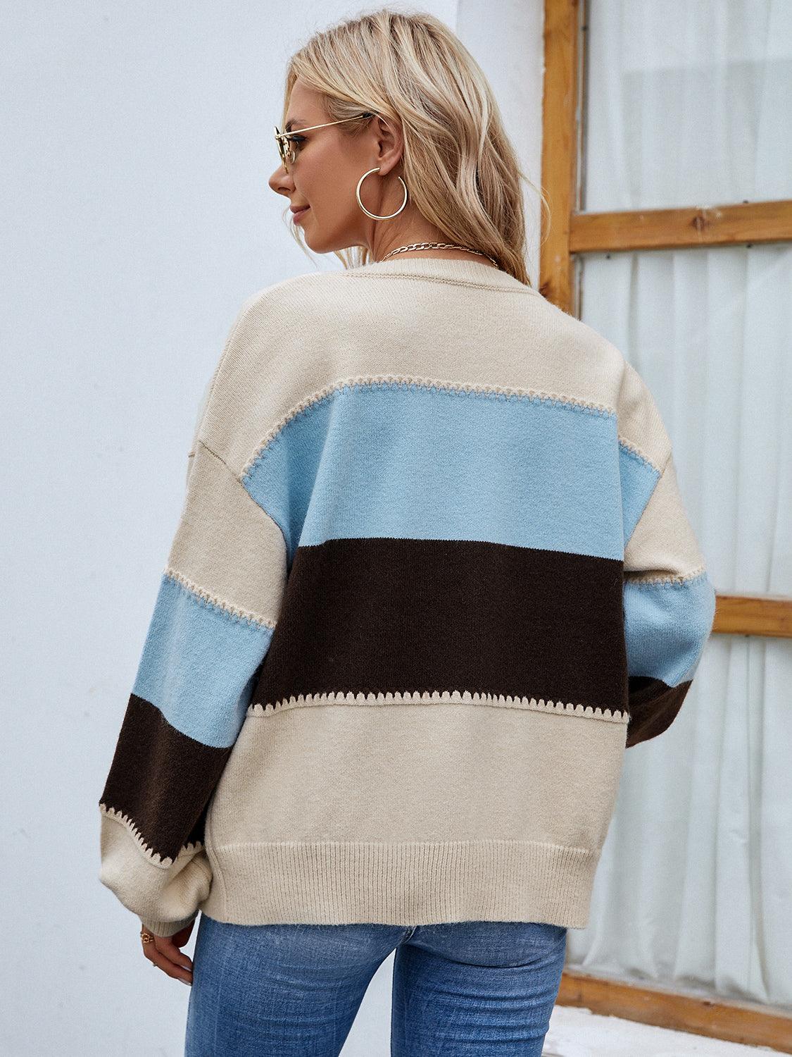 Color Block Button Up Lantern Sleeve Cardigan Carauana Store