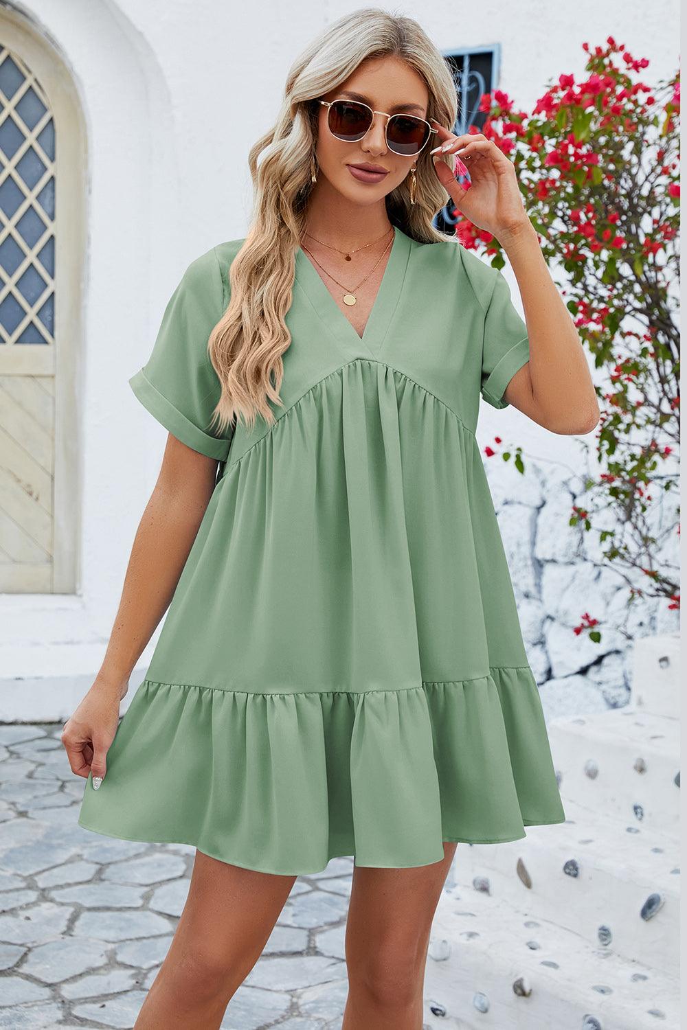 Ruched Tiered V-Neck Short Sleeve Mini Dress Carauana Store