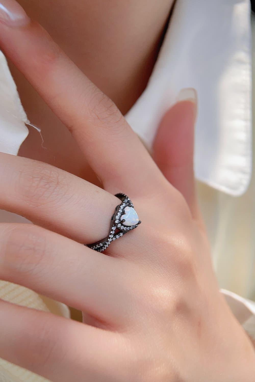 Opal Heart Black Gold-Plated Ring Carauana Store