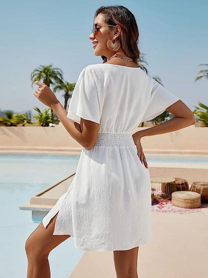 Smocked V-Neck Short Sleeve Dress Carauana Store