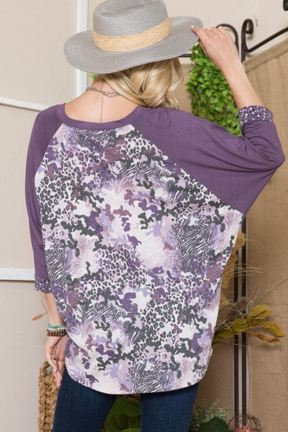Celeste Full Size Floral Contrast Raglan Sleeve Top Carauana Store