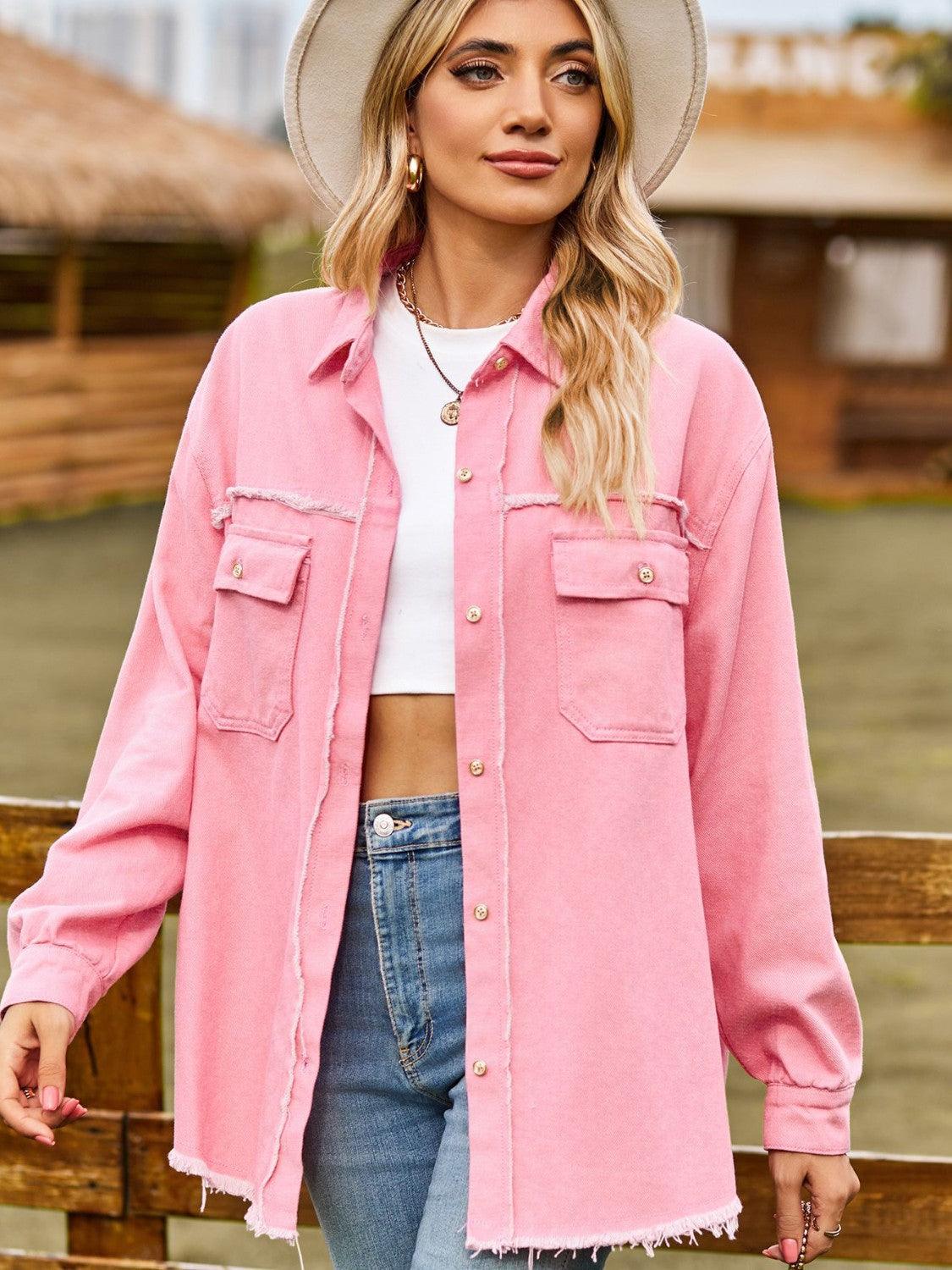 Button Up Collared Neck Raw Hem Denim Top Carauana Store