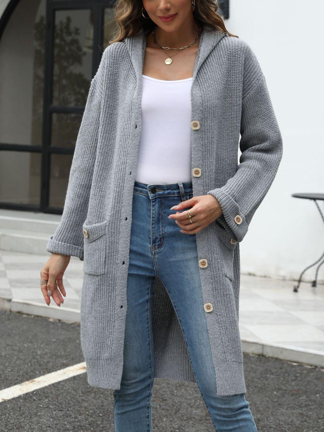 Pocketed Button Up Long Sleeve Hooded Cardigan Carauana Store