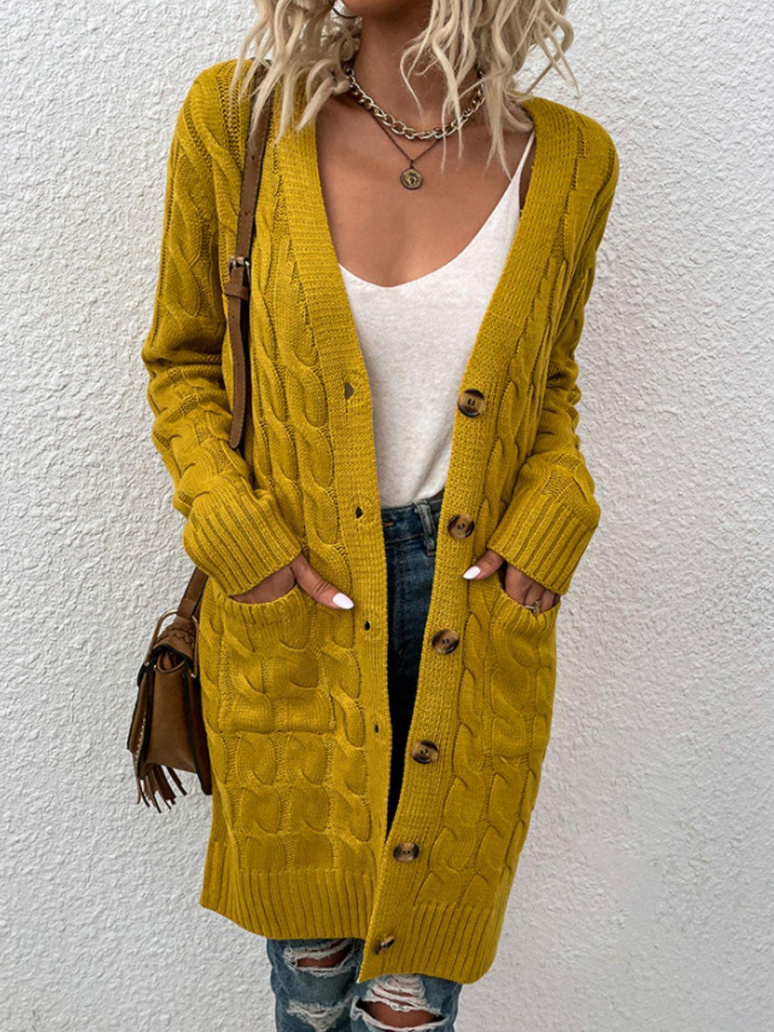Cable-Knit Button Down Cardigan with Pockets Carauana Store