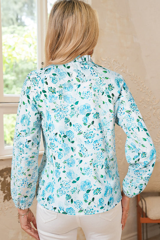 Sky Blue Floral Print Frilled Trim Tie Neck Elastic Cuffs Long Sleeve Blouse