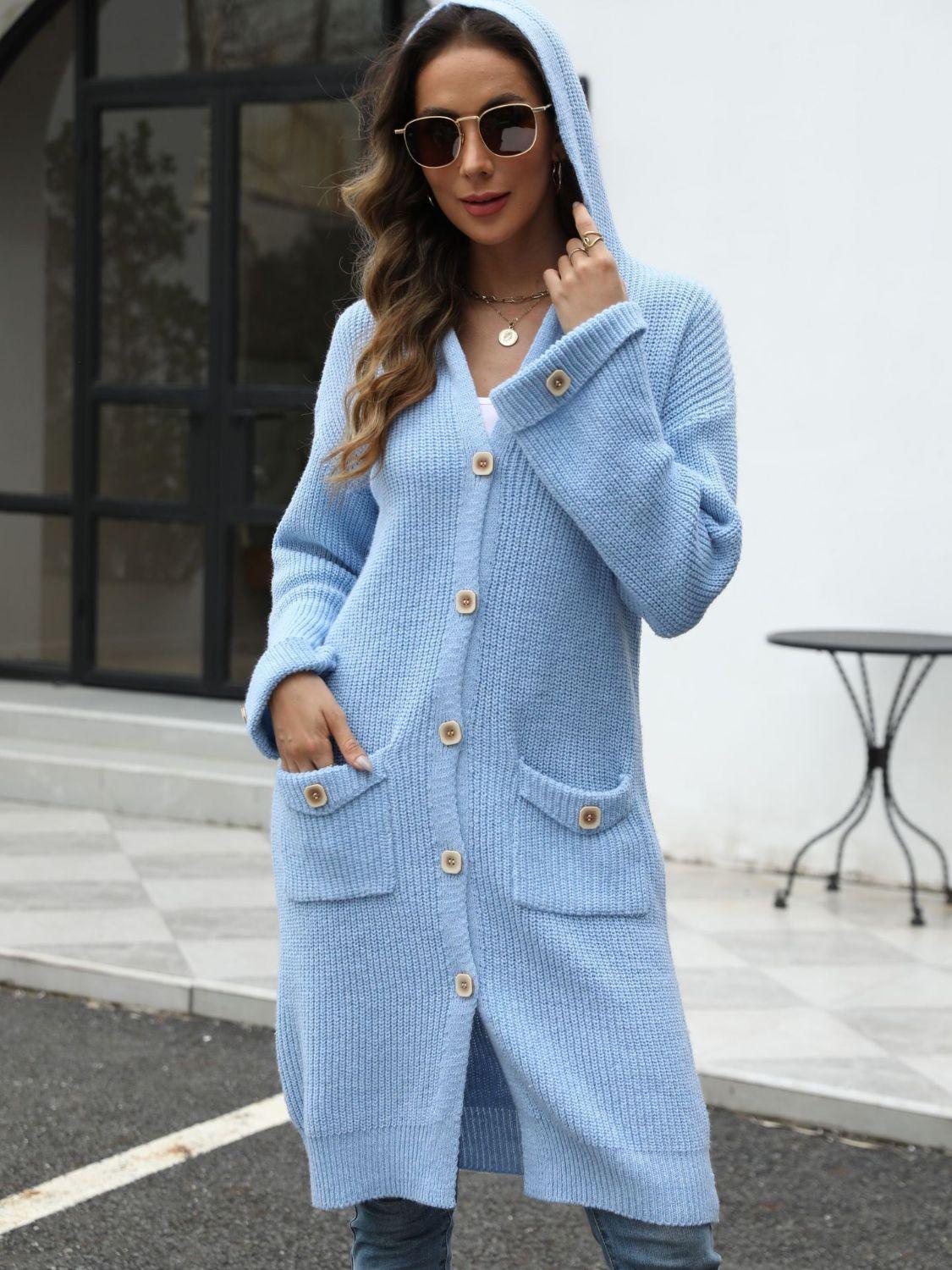 Pocketed Button Up Long Sleeve Hooded Cardigan Carauana Store