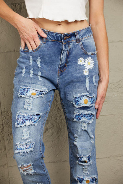 Baeful Printed Patch Distressed Boyfriend Jeans Carauana Store