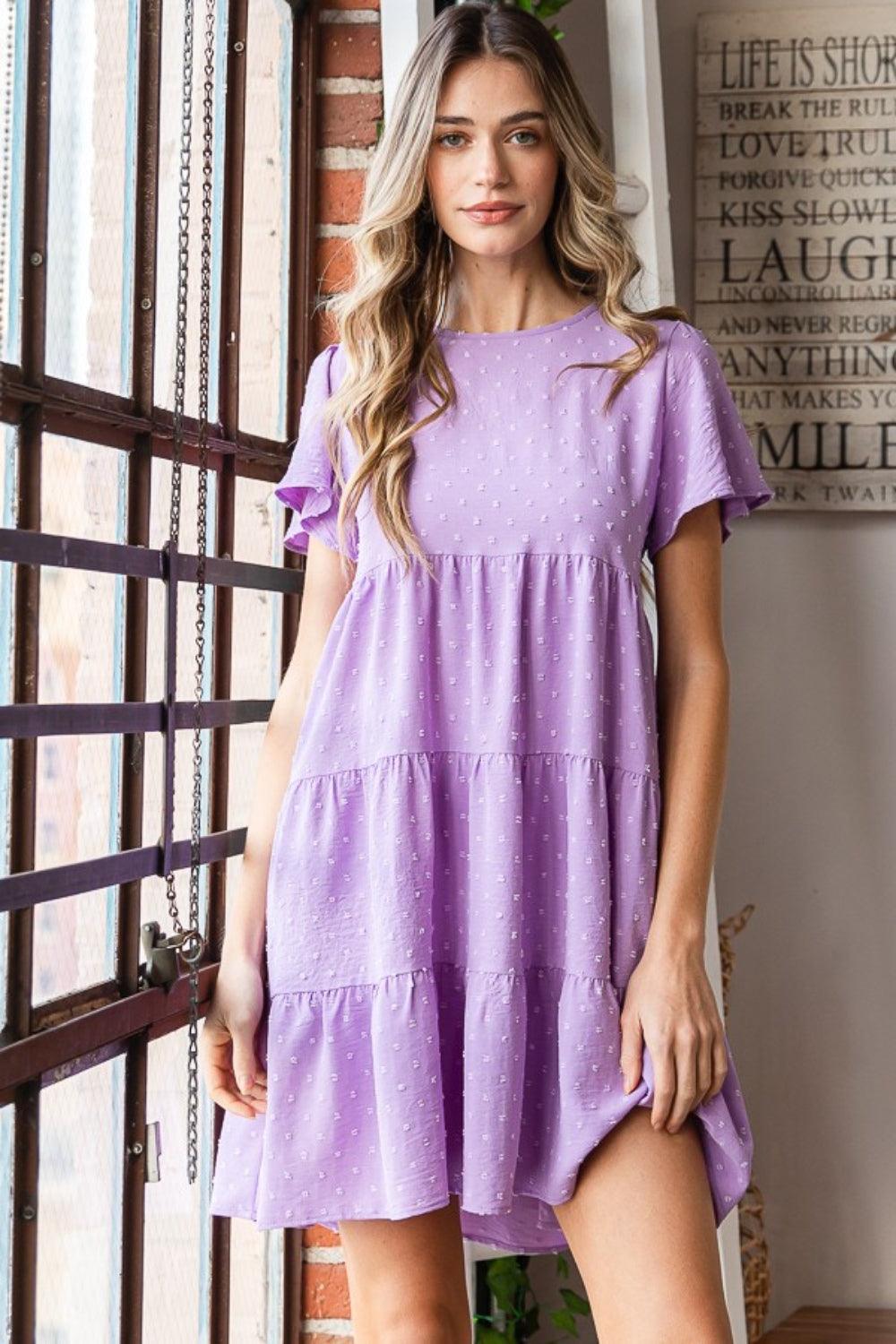Heimish Full Size Swiss Dot Short Sleeve Tiered Dress Carauana Store