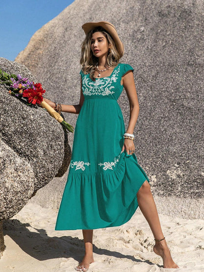 Embroidered Square Neck Cap Sleeve Dress Carauana Store