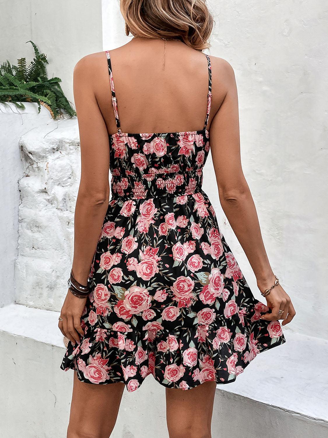 Tied Rose Print Spaghetti Strap Dress Carauana Store