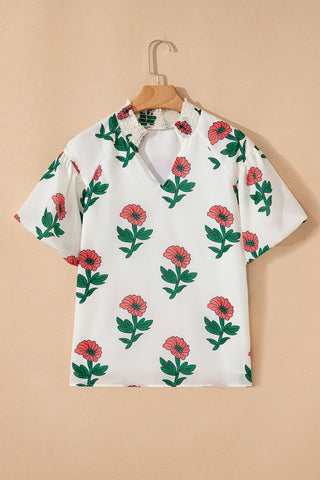 Beige Bluse mit Blumenmuster, gerafftem V-Ausschnitt und kurzen Ärmeln